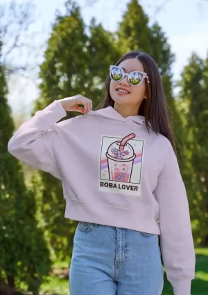 Boba Lover light pink crop hoodie for girls