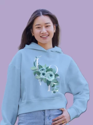 Love Flowers sky blue crop hoodie for women