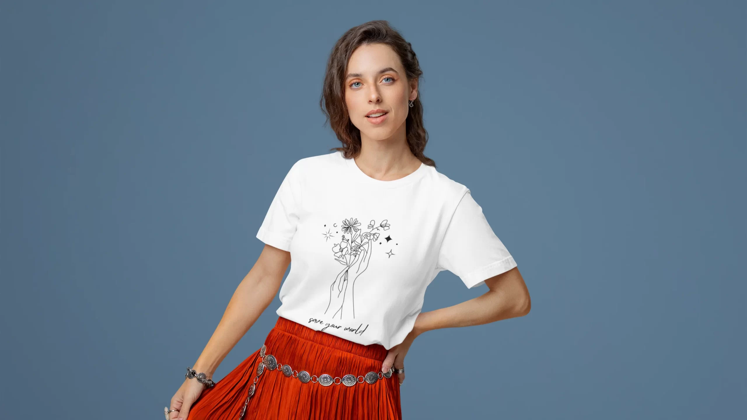 bella-canvas-tee-mockup-of-a-woman-wearing-a-boho-style-outfit-in-a-studio-m36863